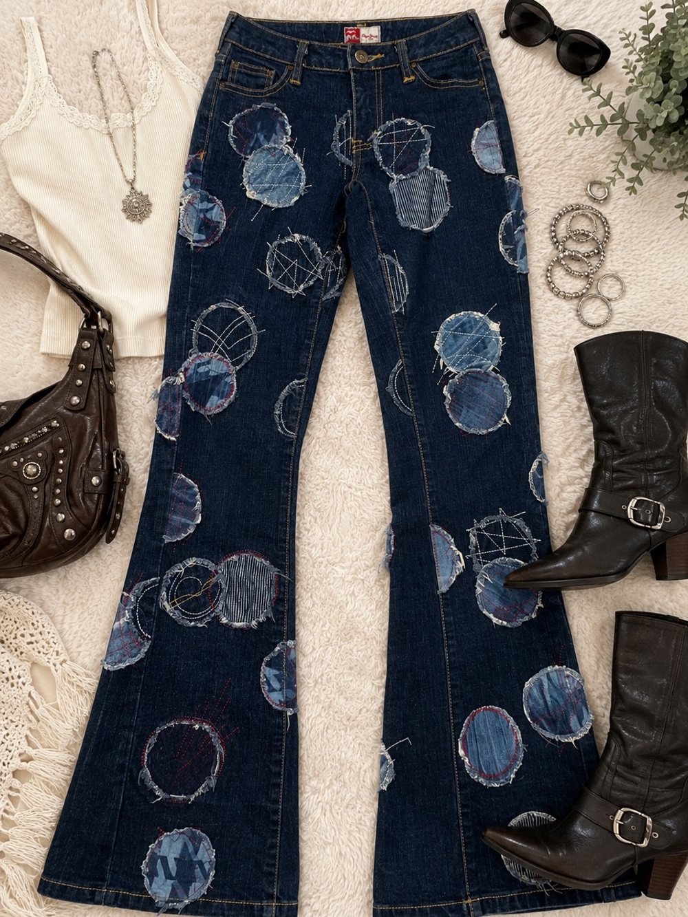 Pepe Jeans Navy Flare Jeans with Circular Patchwork